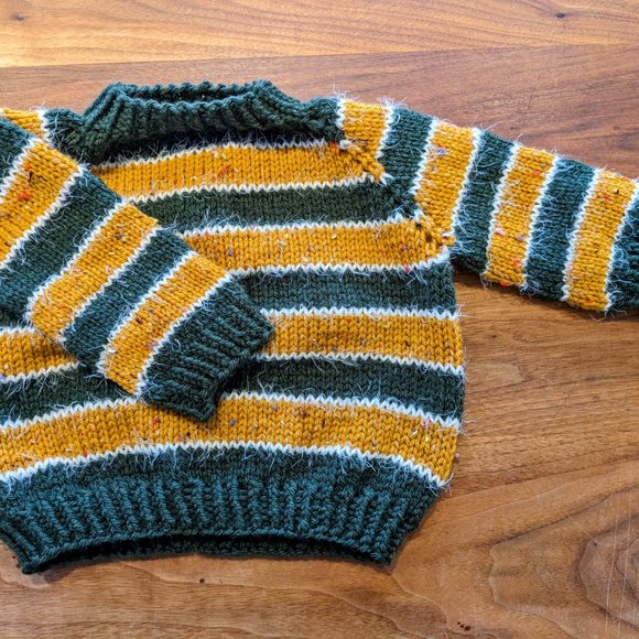 Yellow-Green striped Overseized long sleeved Hand knit sweater pullover for babi - Picture 3 of 4